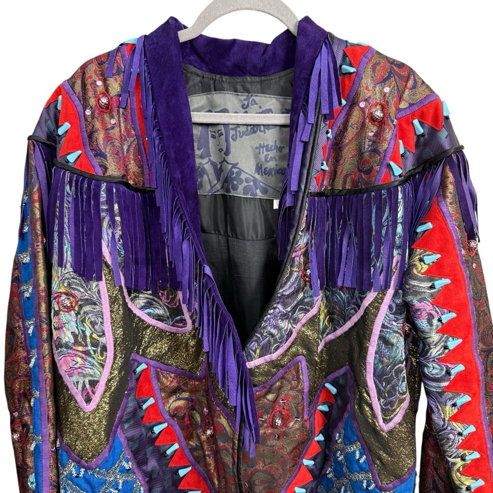 Vintage Judith Roberts Mexico Patchwork Fringe Jacket Beaded Western L/XL - Picture 7 of 16